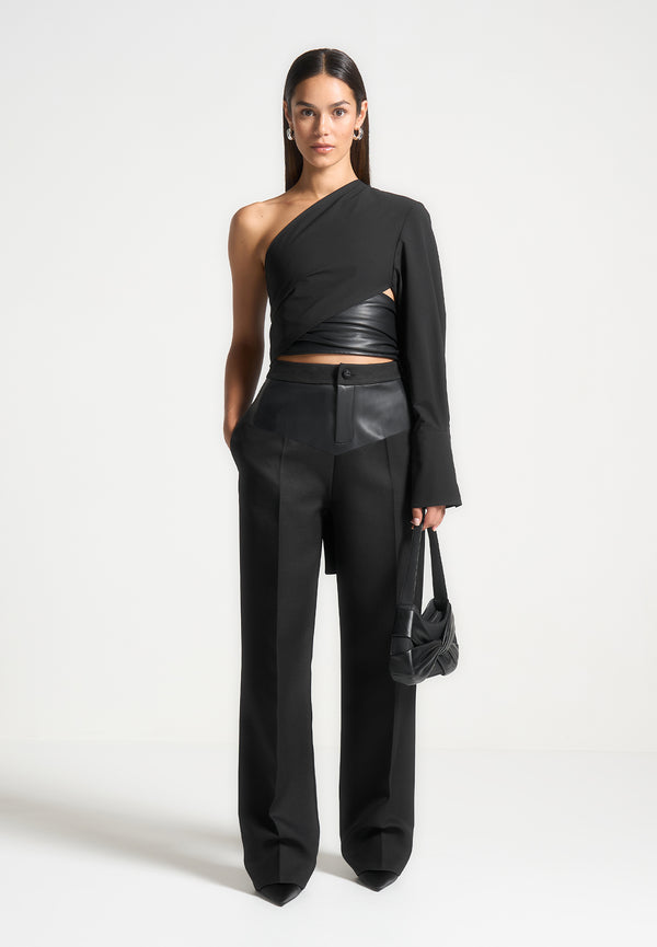 Blanche - Leather Panel Tailored Trousers - Black