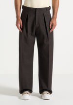 Lior - Box Pleat Hatched Wide Leg Trousers - Dark Brown
