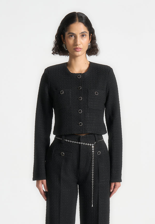 Celine - Cropped Tweed Jacket with Pearls - Black