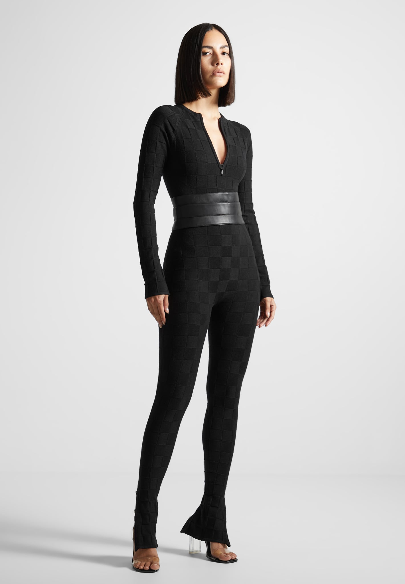 Asymmetrical Long-Sleeved Jumpsuit in 2023  Long sleeve jumpsuit, Fitted  jumpsuit, Black fitted jumpsuit