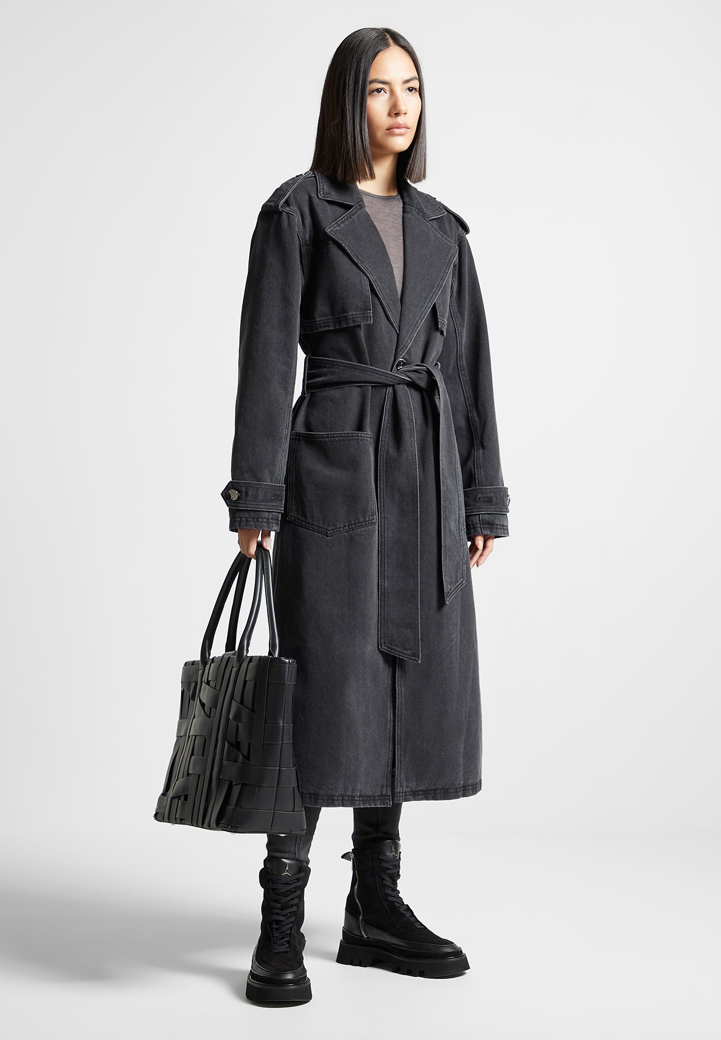 Black denim trench coat on sale