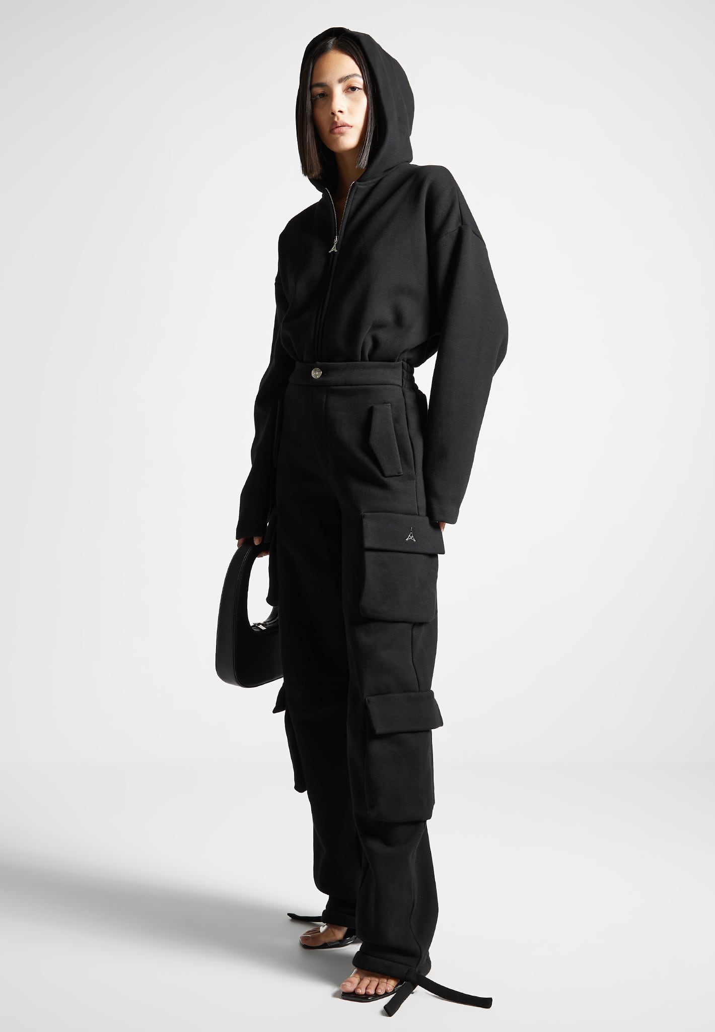 Hooded Cargo Jumpsuit - Black