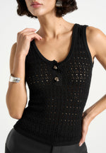 Nora - Pointelle Knitted Vest with Knot Button - Black