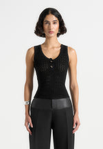 Nora - Pointelle Knitted Vest with Knot Button - Black