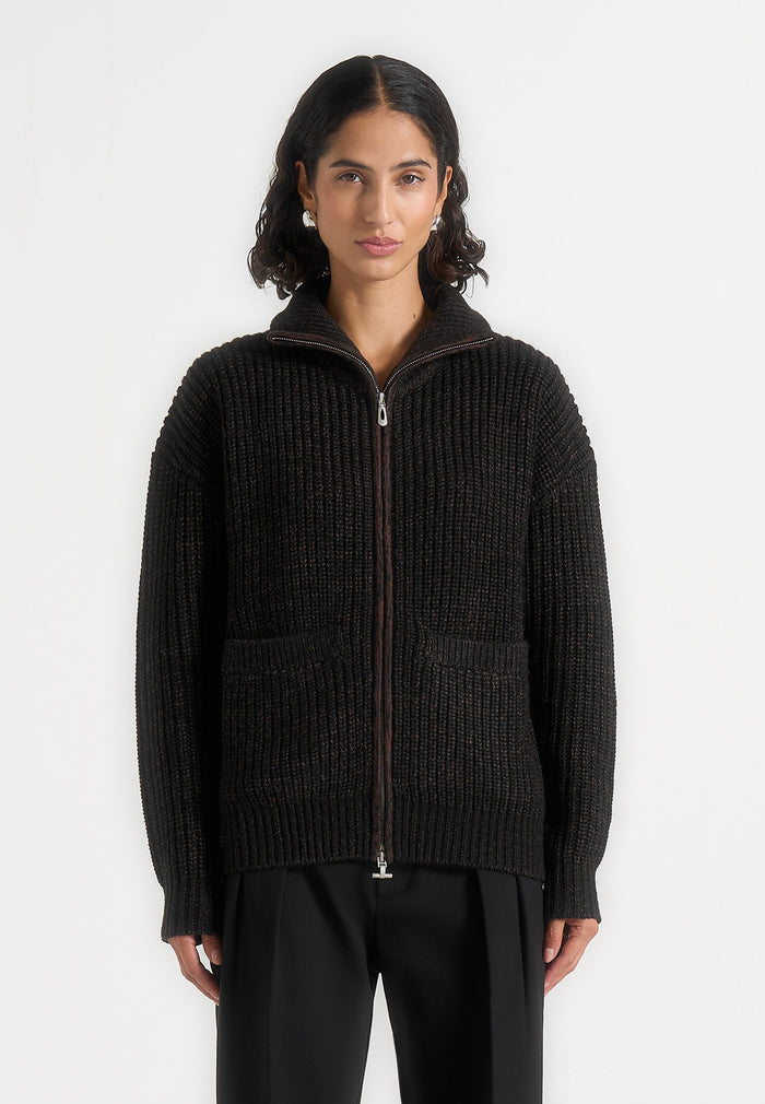 Jamie - Unisex Speckled Wool Zip Through Jacket - Black