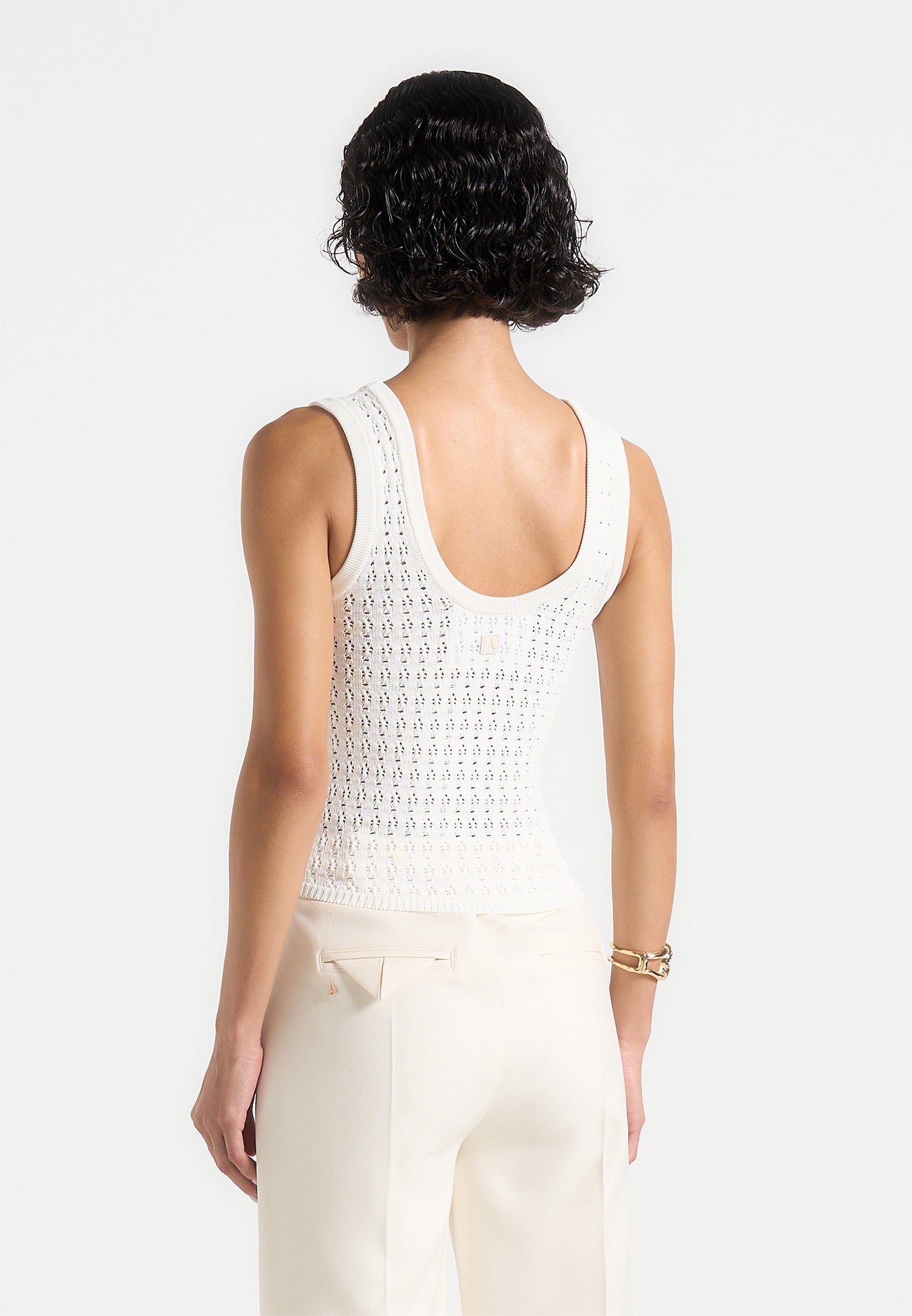 Nora - Pointelle Knitted Vest with Knot Button - Cream