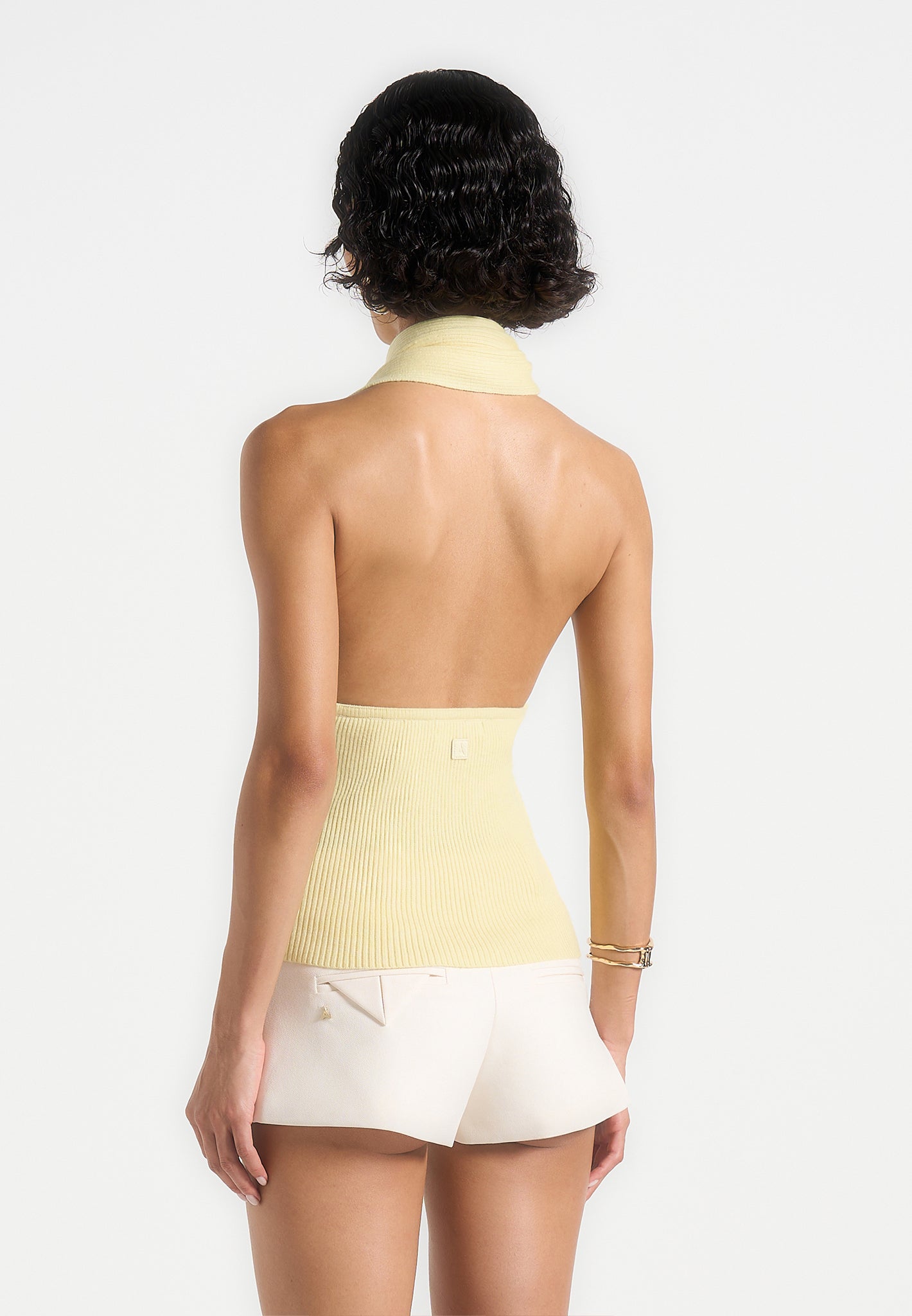 Elodie - Knitted Draped Halterneck Top - Pale Yellow