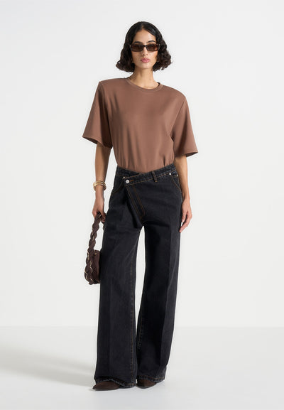 Mia - Wide Shoulder Bodysuit T-Shirt - Brown