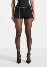 Elina - Tweed Mini Shorts With Belt - Black