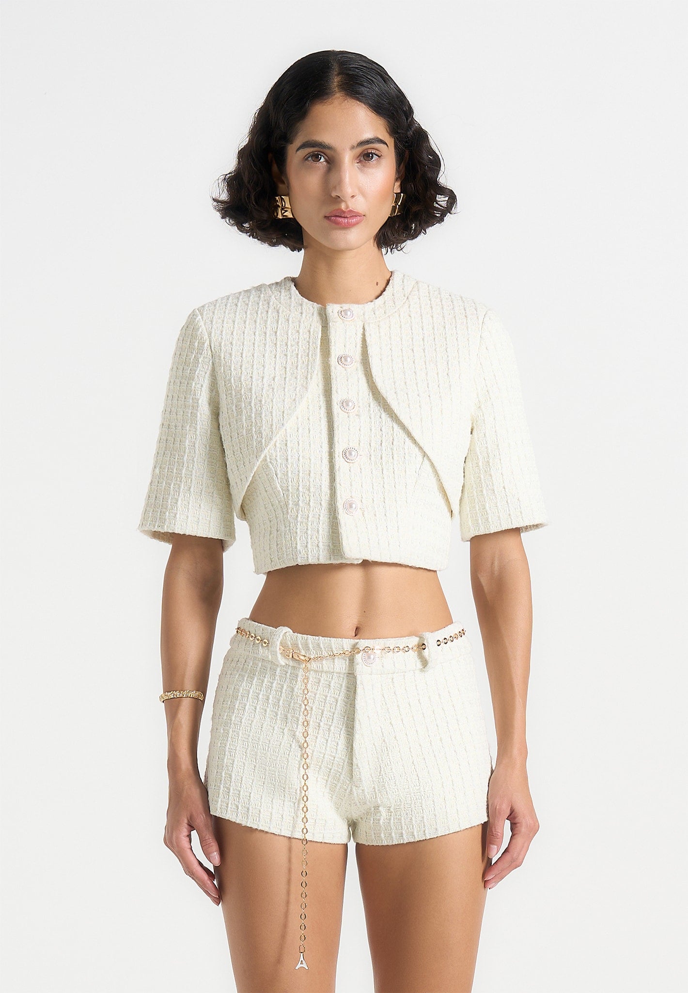 Alba - Tweed Mock Neck Curve Detailing Top - Cream