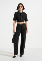 Alba - Tweed Mock Neck Curve Detailing Top - Black