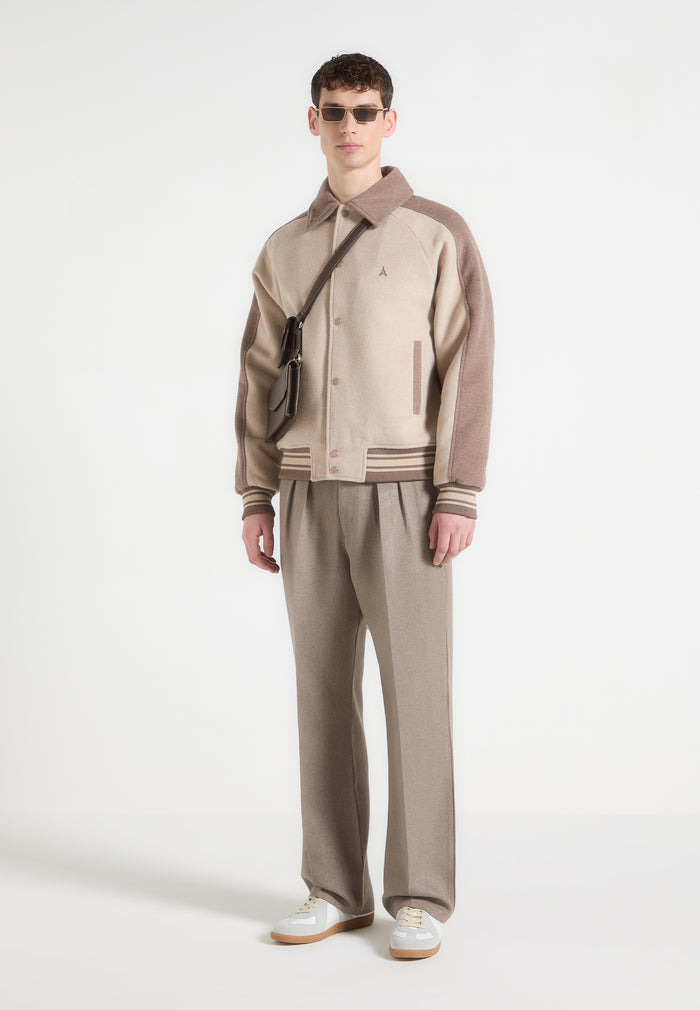 André - Contrast Wool Blend Varsity Jacket - Beige