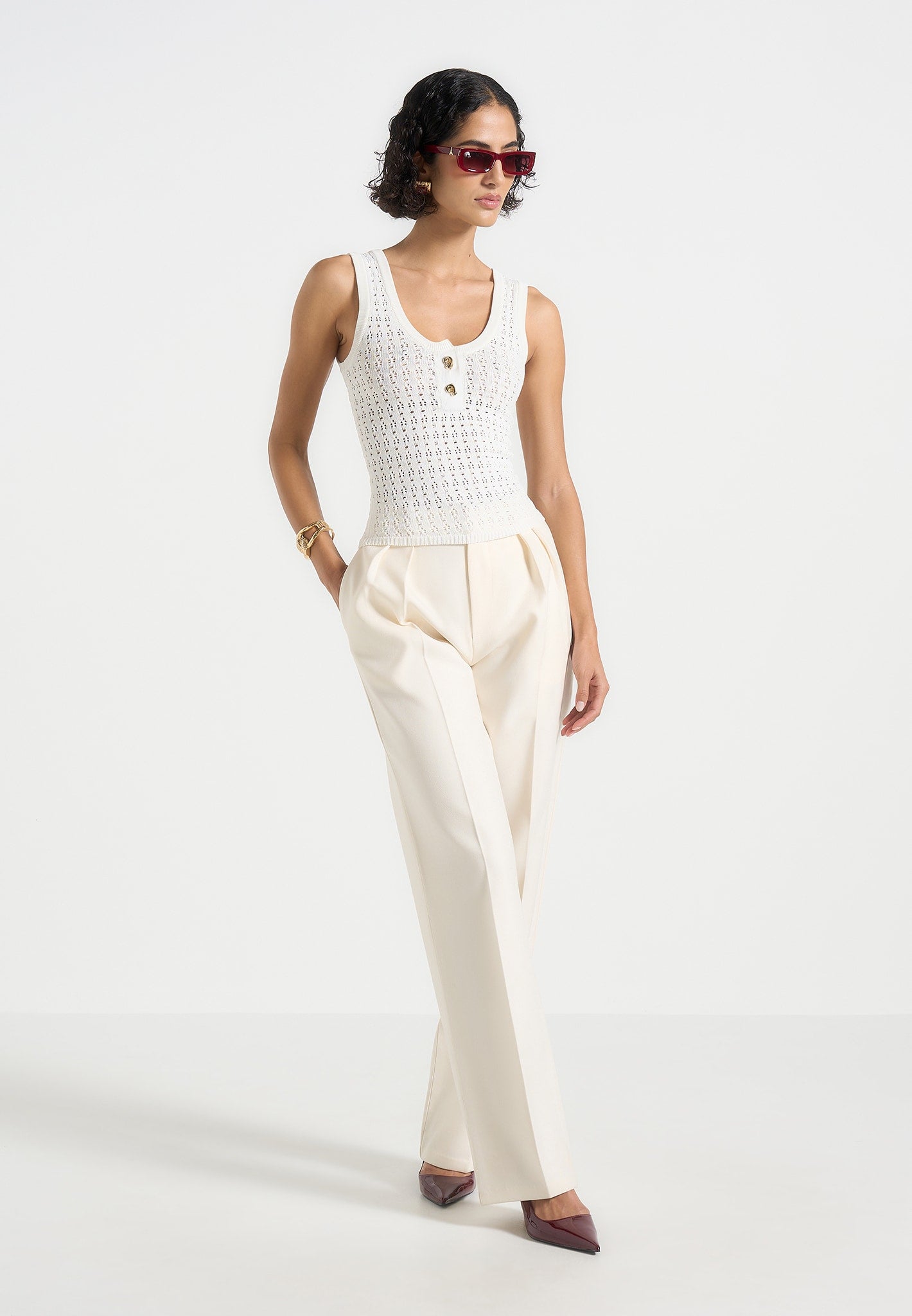 Nora - Pointelle Knitted Vest with Knot Button - Cream