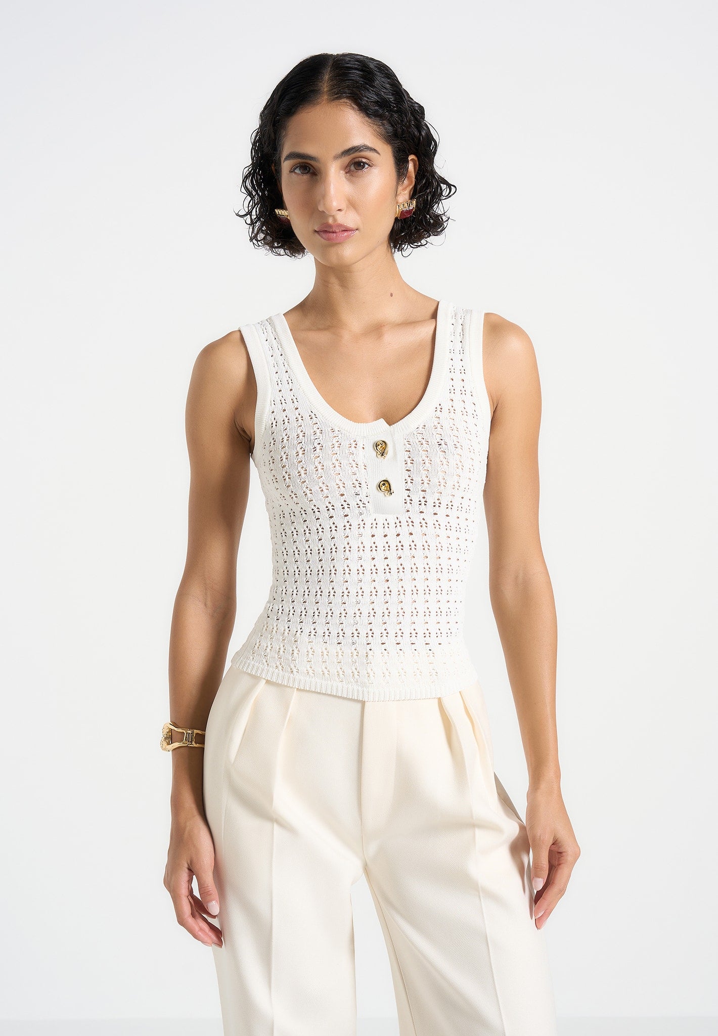 Nora - Pointelle Knitted Vest with Knot Button - Cream