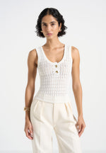 Nora - Pointelle Knitted Vest with Knot Button - Cream