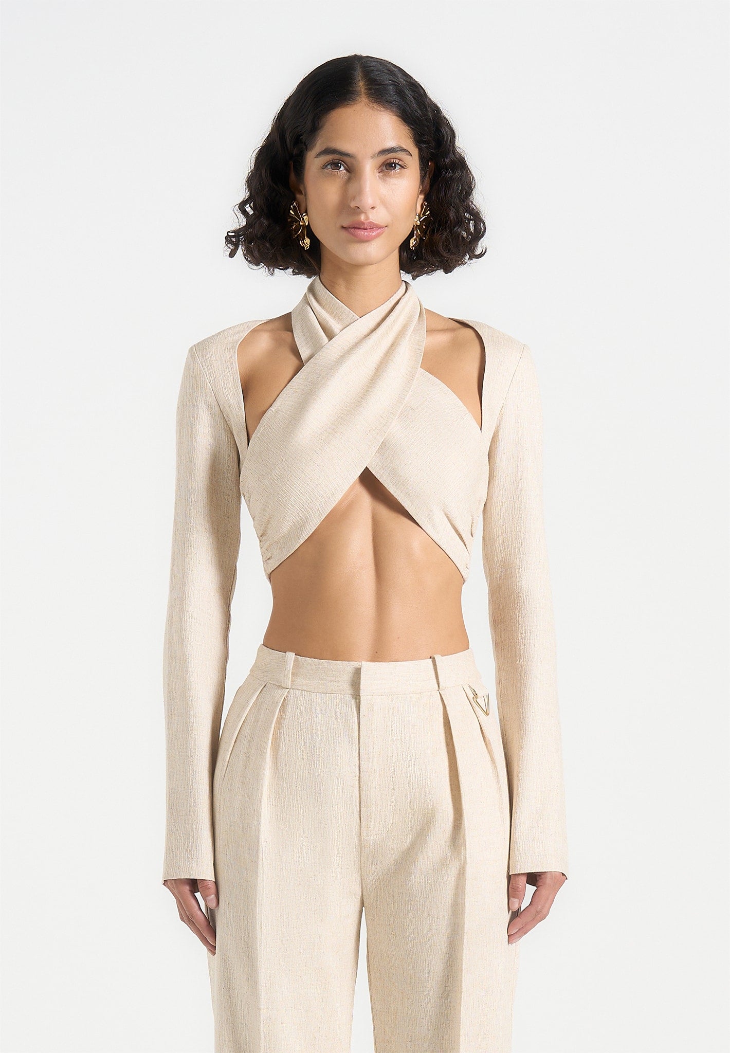 Wendy - Linen Crossover Bolero Top - Natural