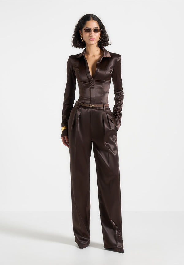 Julie - Satin Tailored Twin Pleat Trousers - Brown
