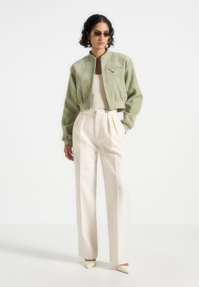 Monique - Suede Wide Shoulder Bomber Jacket - Sage