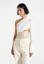 Coralie - One Sleeve Leather Wrap Top - White