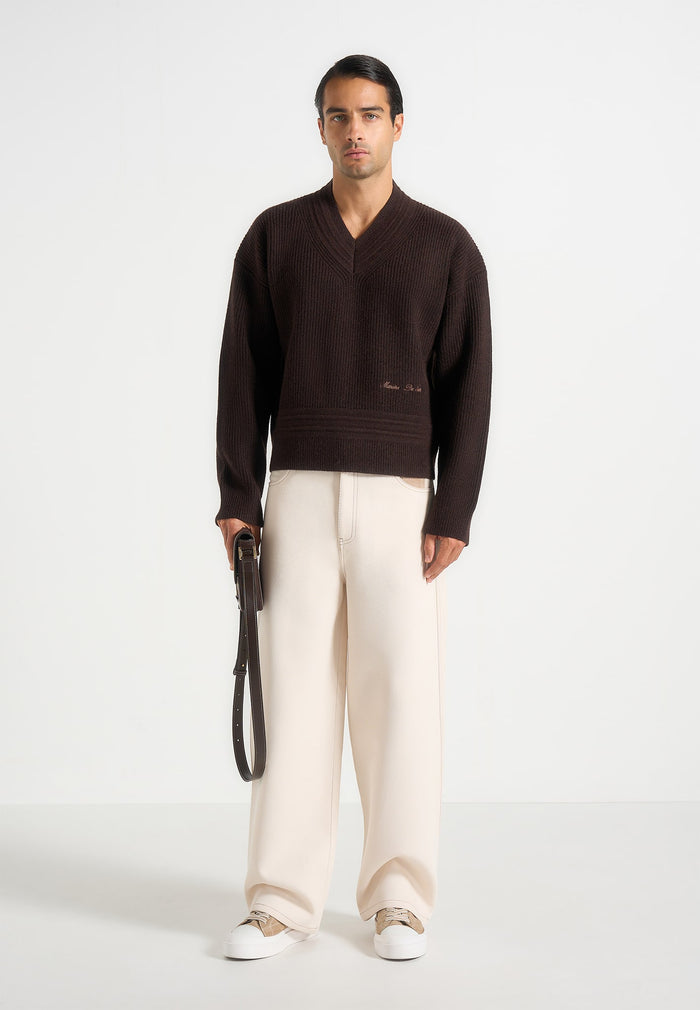 Rémi - V-Neck Signature Knit Jumper - Brown