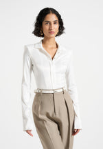 Louise - Wide Shoulder Satin Shirt Bodysuit - Off White