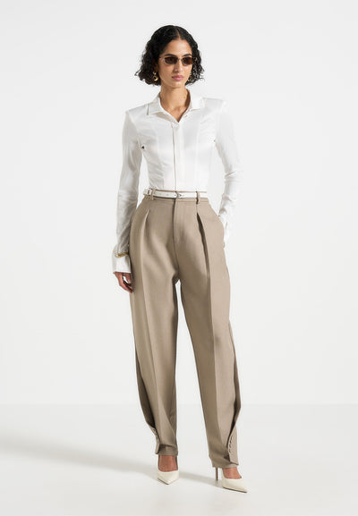 Louise - Wide Shoulder Satin Shirt Bodysuit - Off White