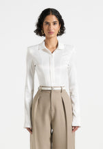 Louise - Wide Shoulder Satin Shirt Bodysuit - Off White