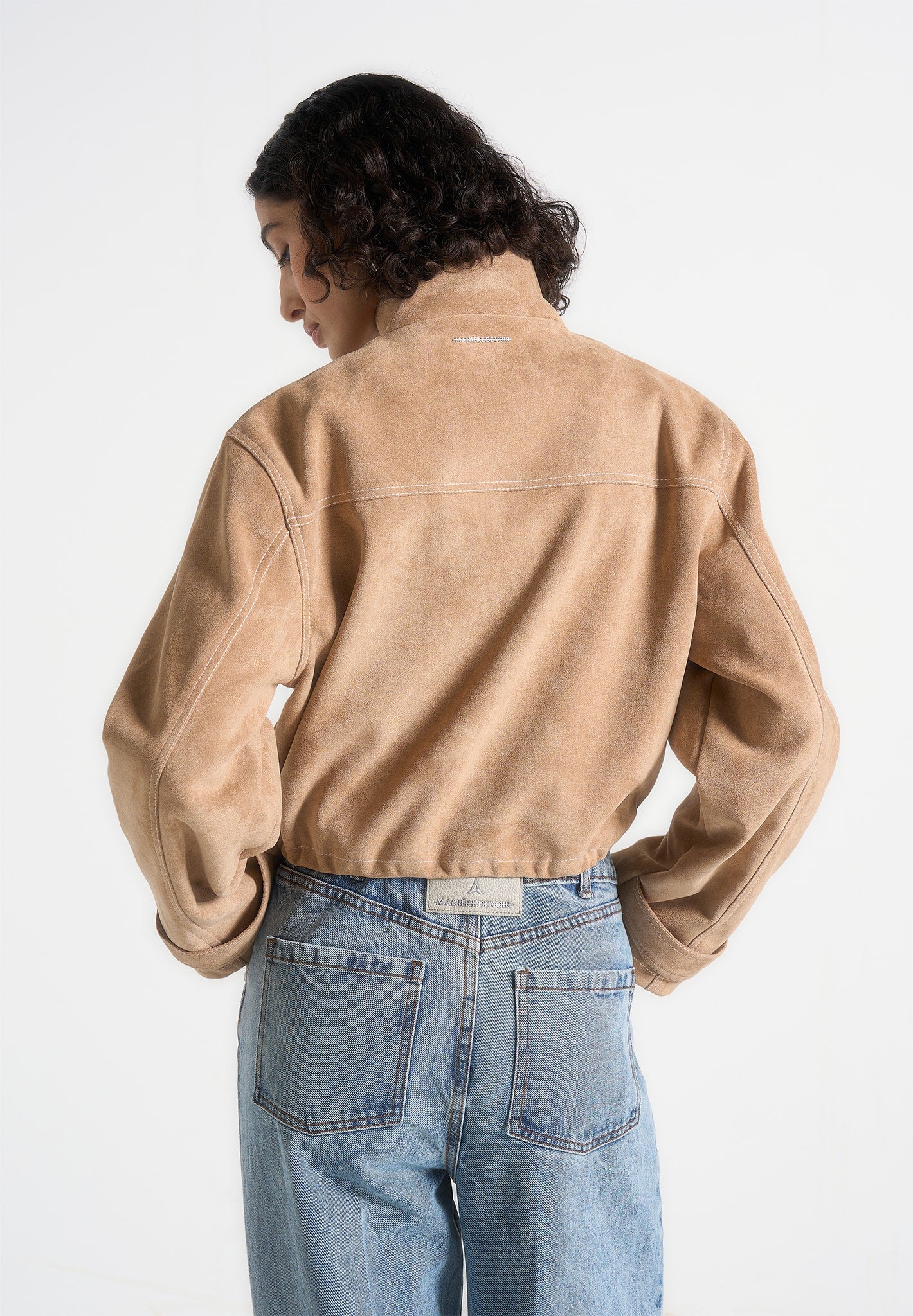 Nawel - Suede Contrast Stitch Jacket With Cinched Hem - Beige