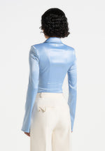 Louise - Wide Shoulder Satin Shirt Bodysuit - Pale Blue