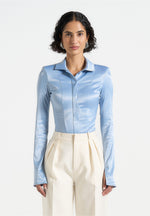 Louise - Wide Shoulder Satin Shirt Bodysuit - Pale Blue
