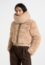Ama - Plush Ribbed Jacket with Neck Scarf - Beige