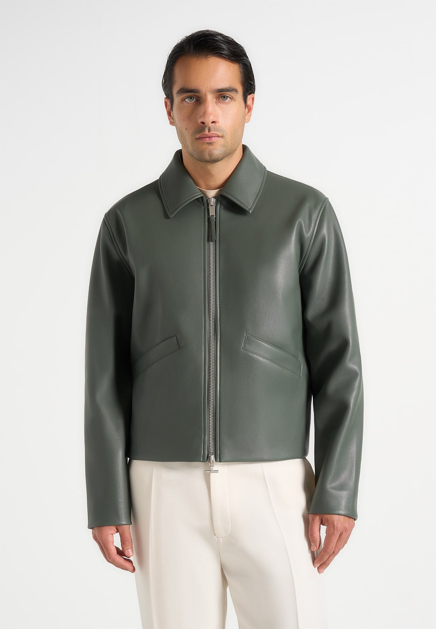 Yves - Minimal Leather Jacket - Olive