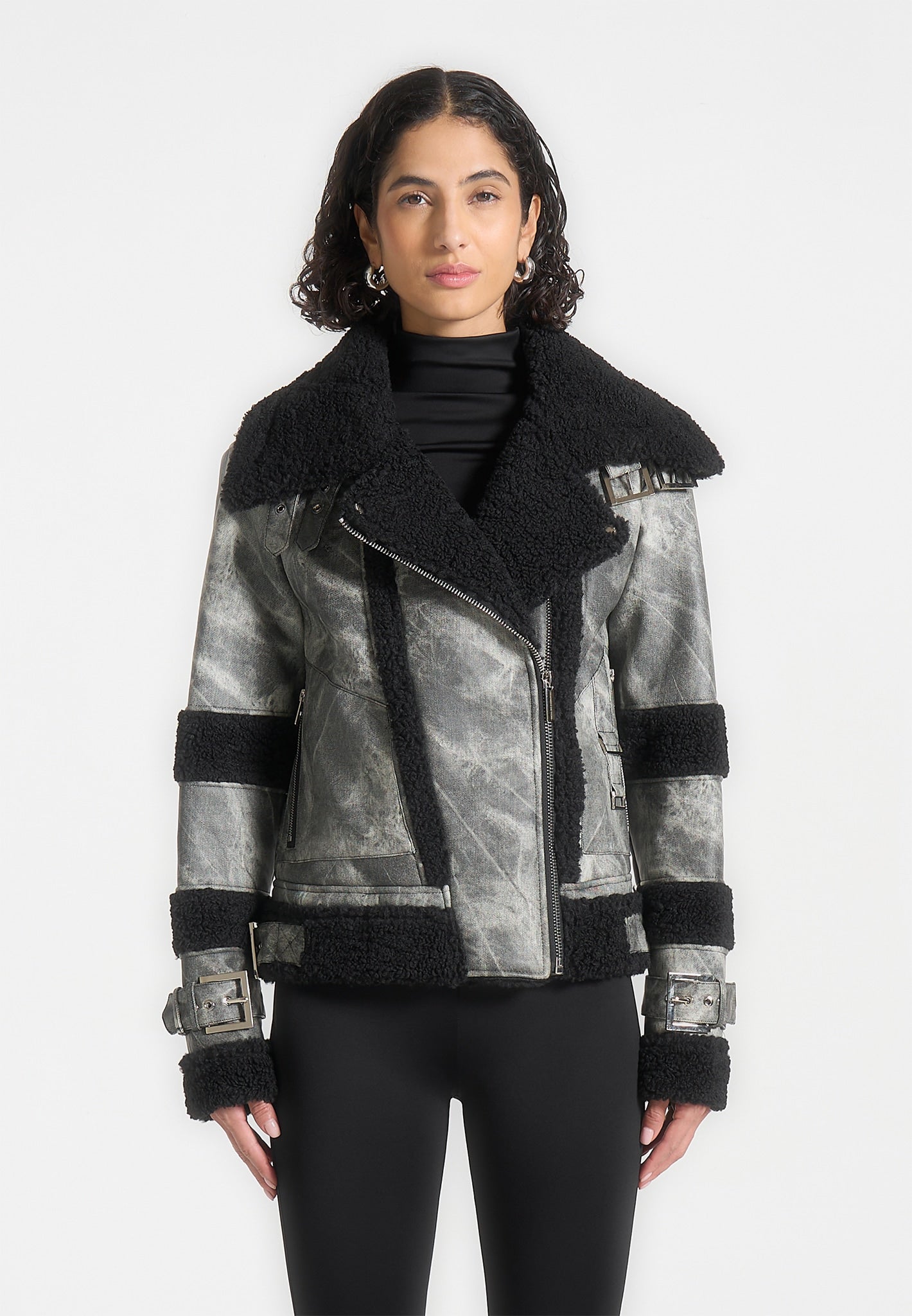 Marbled Leather Borg Biker Jacket Black Maniere De Voir