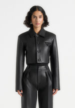 Ania - Wide Shoulder Leather Jacket - Black
