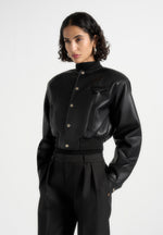 Zina - Leather Wide Shoulder Bomber Jacket - Black