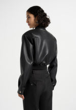 Zina - Leather Wide Shoulder Bomber Jacket - Black