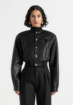 Zina - Leather Wide Shoulder Bomber Jacket - Black