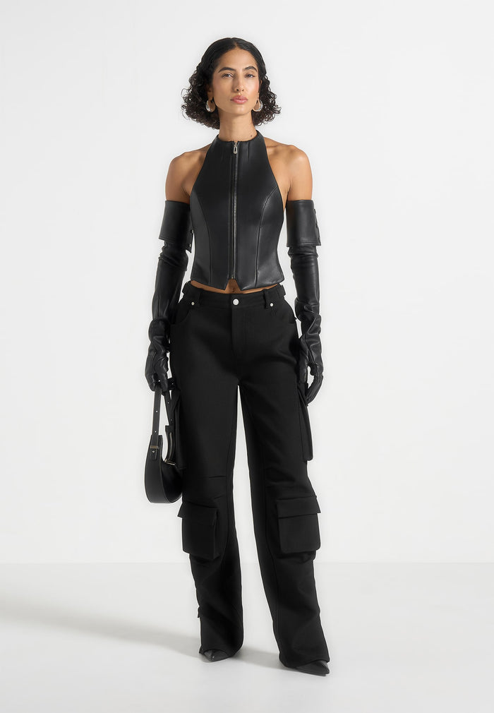 Claudette - Leather Halterneck Backless Top - Black