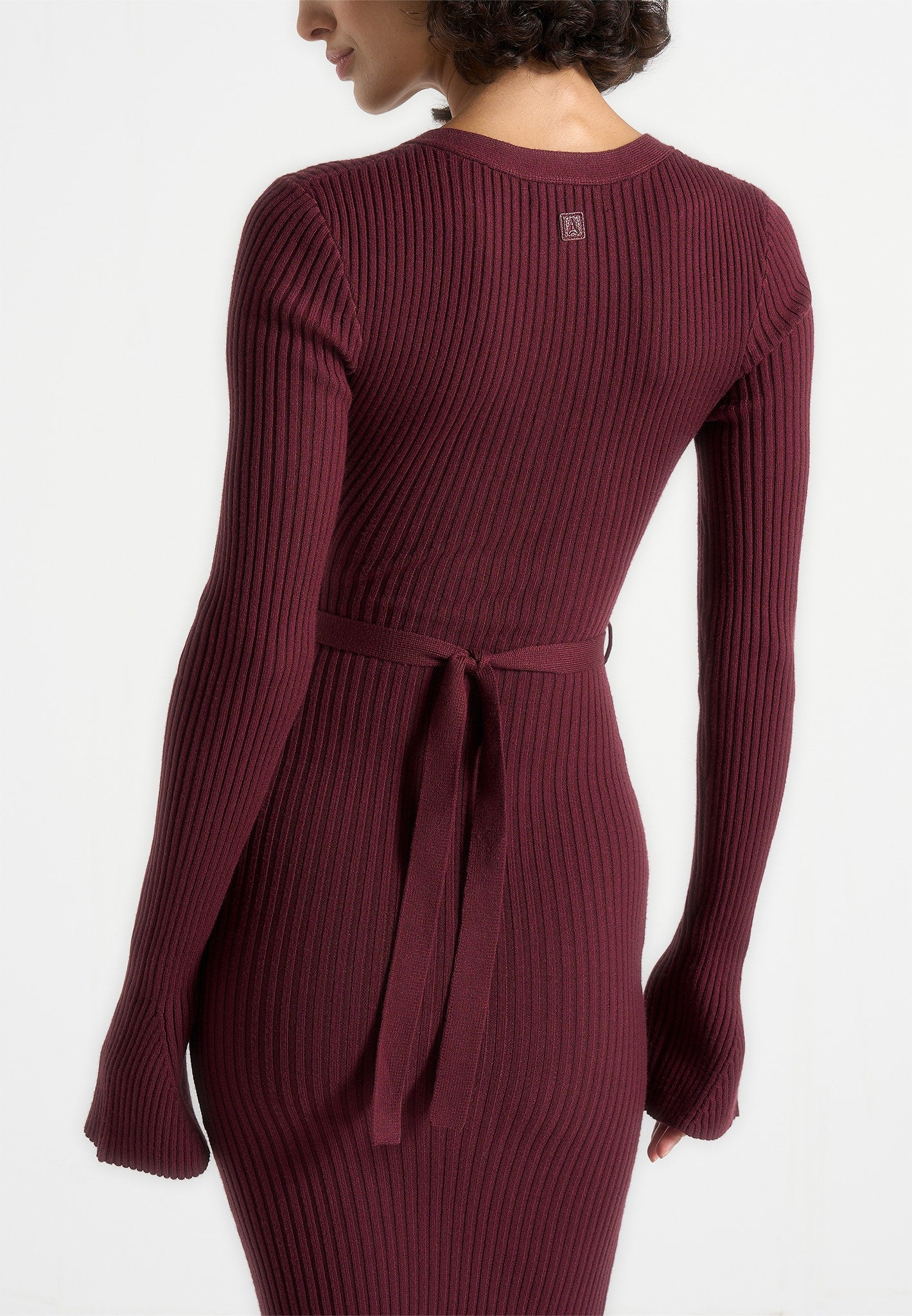 Assia - Long Sleeve Knitted Midaxi Dress With Belt - Wine Red