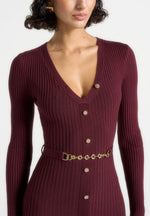 Assia - Long Sleeve Knitted Midaxi Dress With Belt - Wine Red