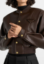 Zina - Leather Wide Shoulder Bomber Jacket - Brown