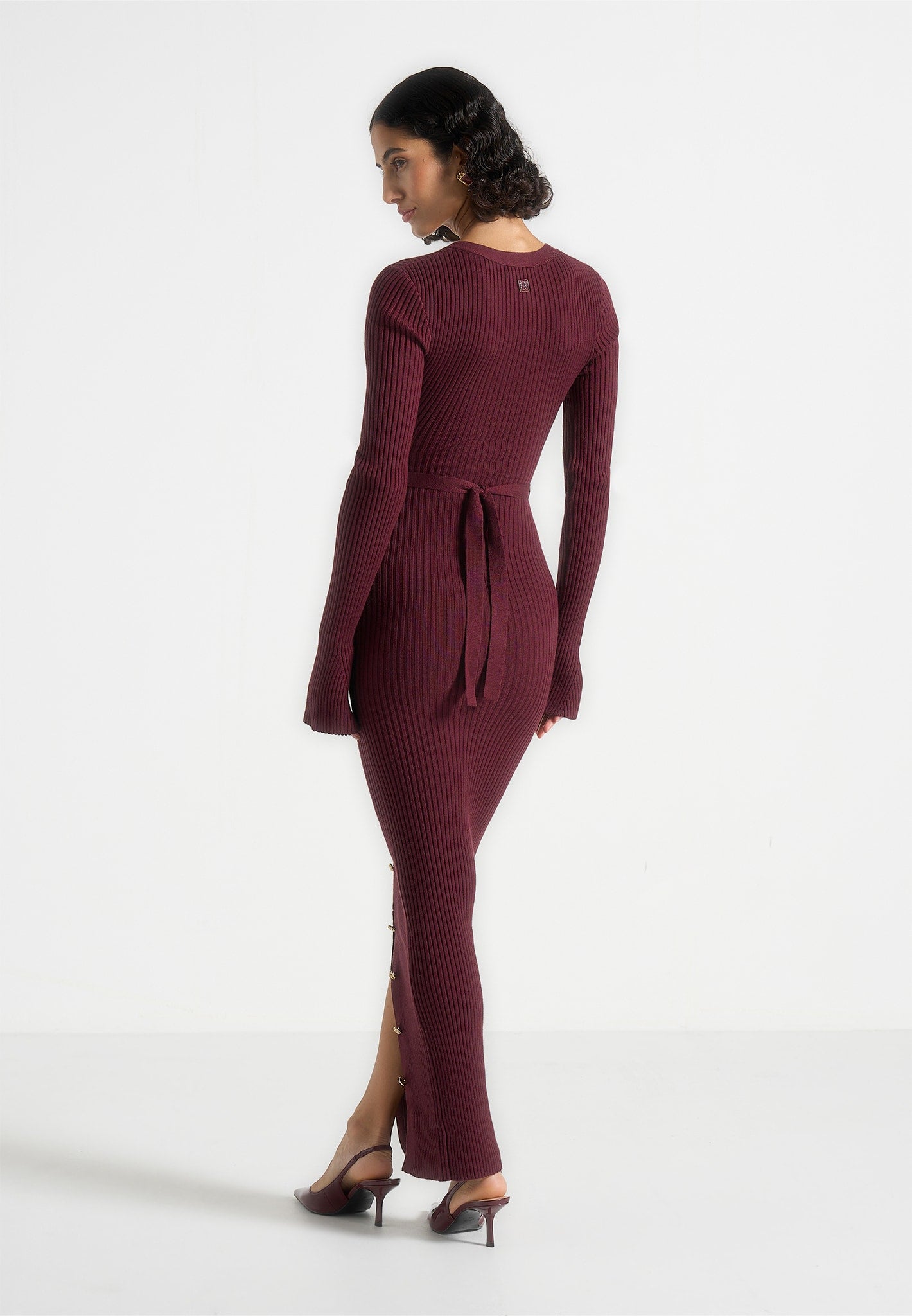 Assia - Long Sleeve Knitted Midaxi Dress With Belt - Wine Red