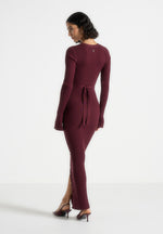 Assia - Long Sleeve Knitted Midaxi Dress With Belt - Wine Red