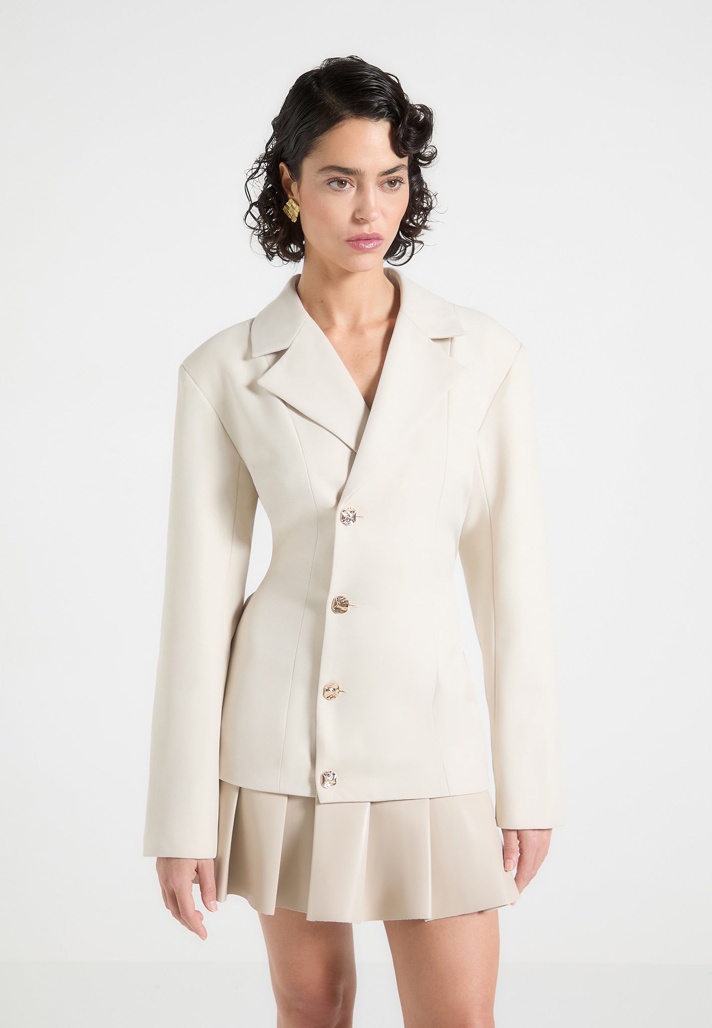 beige blazer dress women Miss Circle Reyna Beige Backless Pleated Mini Blazer Dress XL