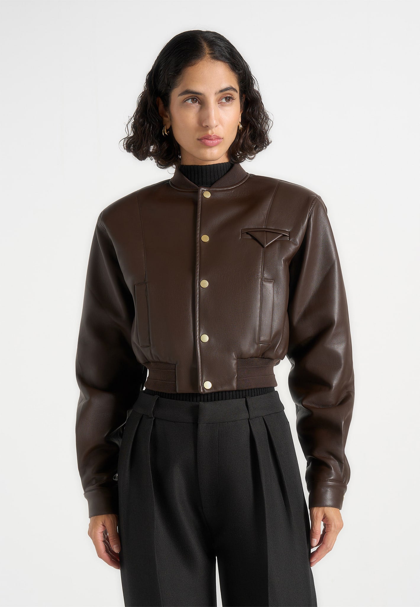 Zina - Leather Wide Shoulder Bomber Jacket - Brown