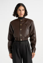 Zina - Leather Wide Shoulder Bomber Jacket - Brown