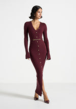 Assia - Long Sleeve Knitted Midaxi Dress With Belt - Wine Red