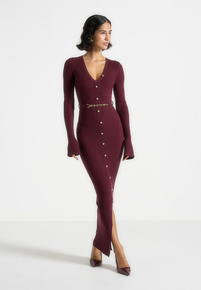 Assia - Long Sleeve Knitted Midaxi Dress With Belt - Wine Red