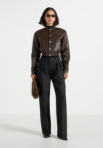Zina - Leather Wide Shoulder Bomber Jacket - Brown