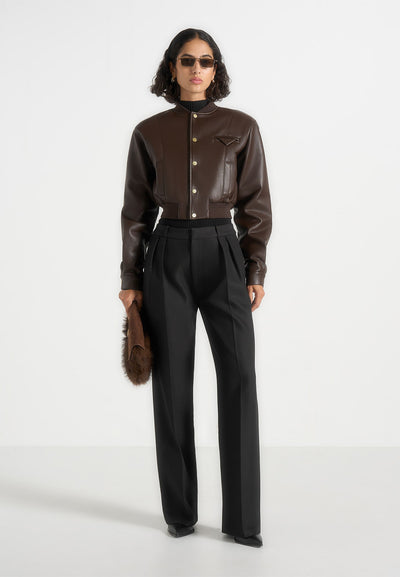 Zina - Leather Wide Shoulder Bomber Jacket - Brown